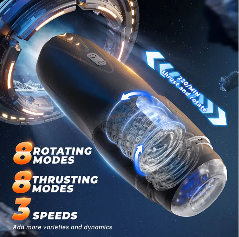 Galaxy Voy feature graphic listing 8 rotating modes, 8 thrusting modes and 3 speeds