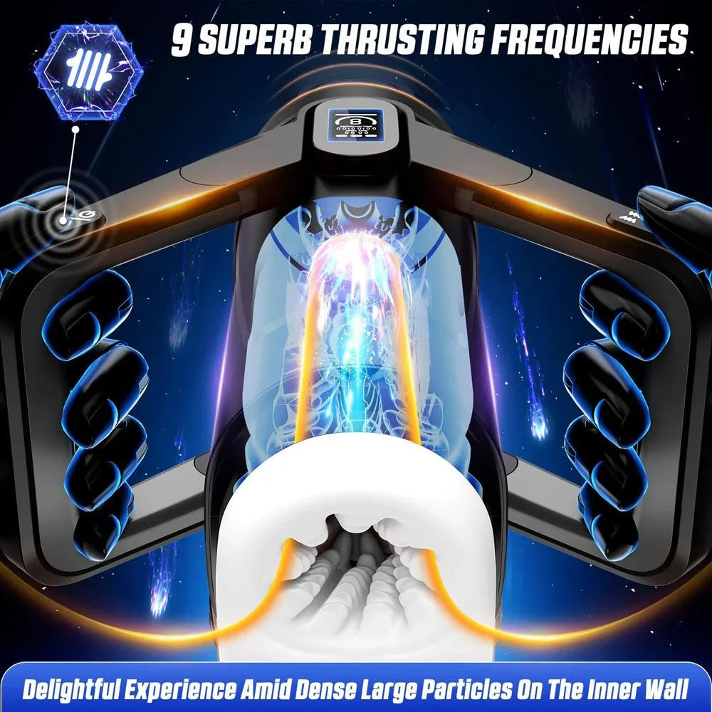 Wing thrusting graphic, clear sleeve lit up between the two handles