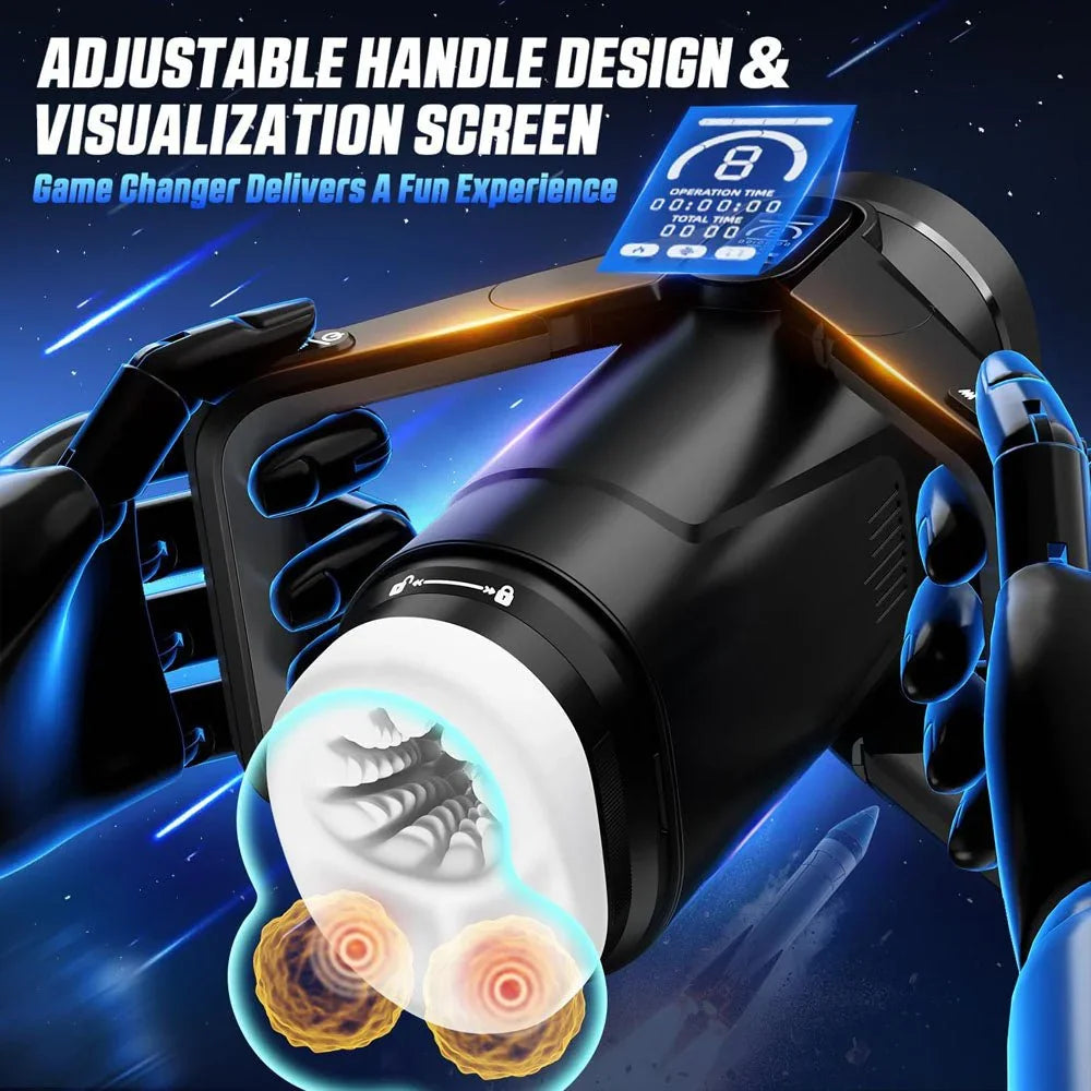Wing adjustable-handle graphic, robot hands holding the unit with screen raised