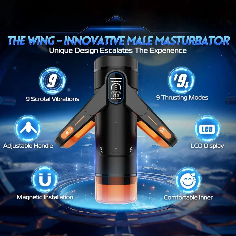 Wing overview graphic, 9 scrotal vibrations, 9 thrusting modes, LCD display