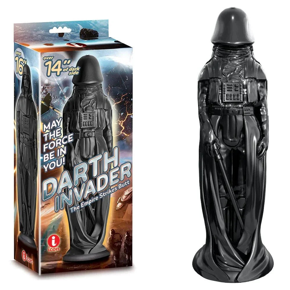 Darth Invader dong in Black, moulded as a cloaked figure, beside its retail box