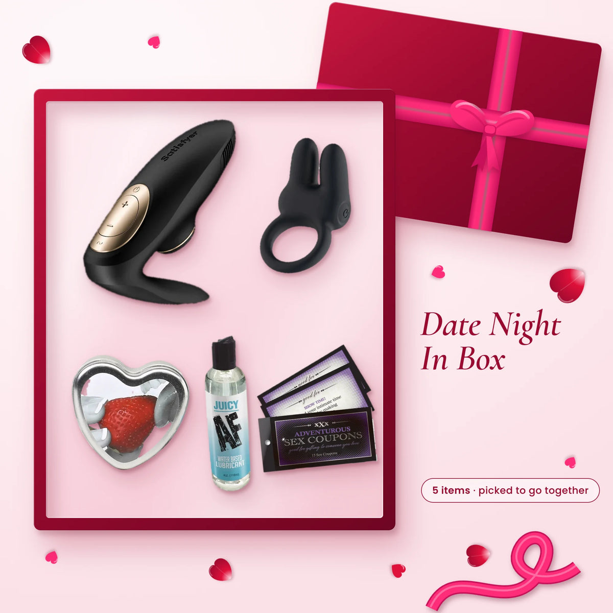 Date Night In Box: Satisfyer Pro 4 Couples, Passion Play Vibrating Ring, Edible Massage Candle (Strawberry), Juicy AF…