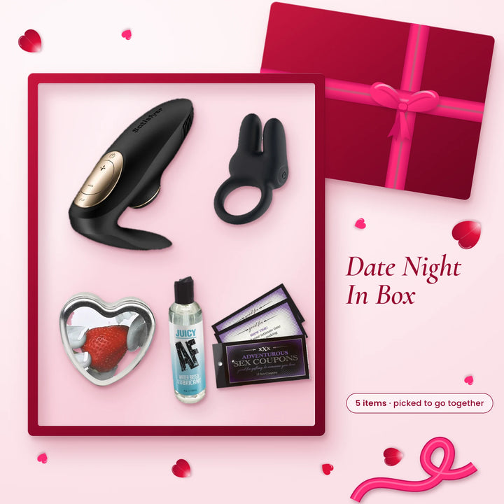Date Night In Box: Satisfyer Pro 4 Couples, Passion Play Vibrating Ring, Edible Massage Candle (Strawberry), Juicy AF…