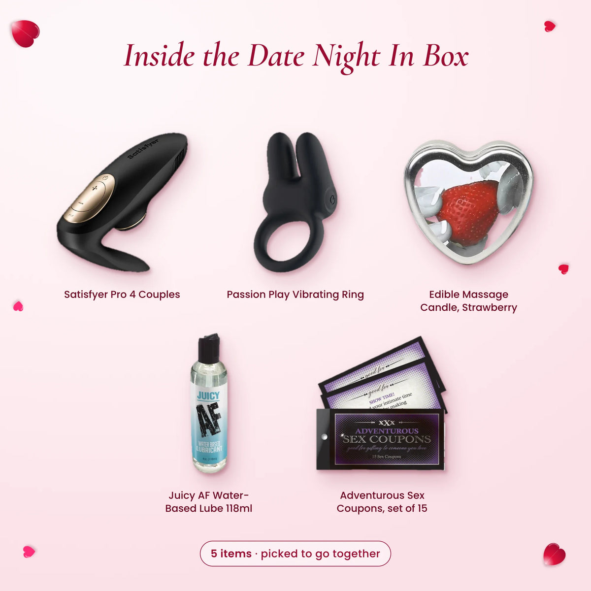 What's inside the Date Night In Box: Satisfyer Pro 4 Couples, Passion Play Vibrating Ring, Edible Massage Candle…