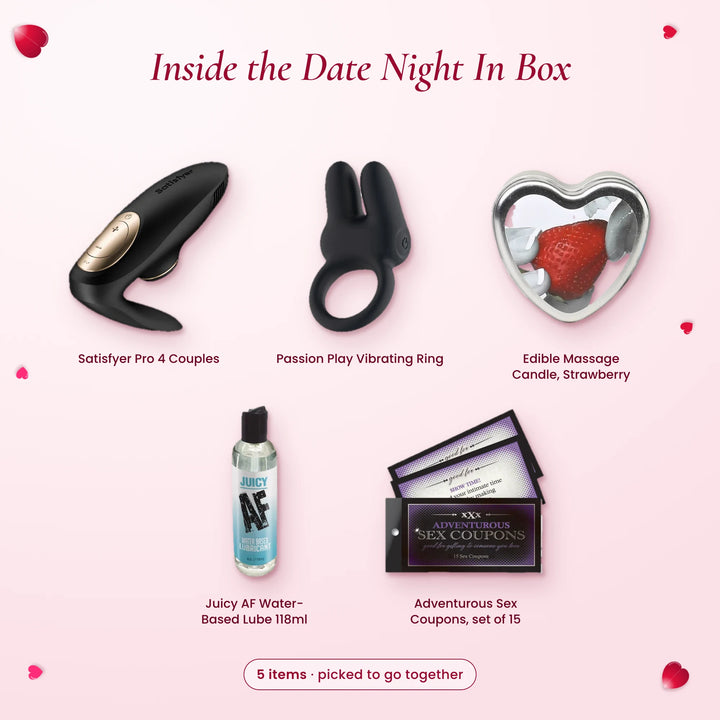 What's inside the Date Night In Box: Satisfyer Pro 4 Couples, Passion Play Vibrating Ring, Edible Massage Candle…