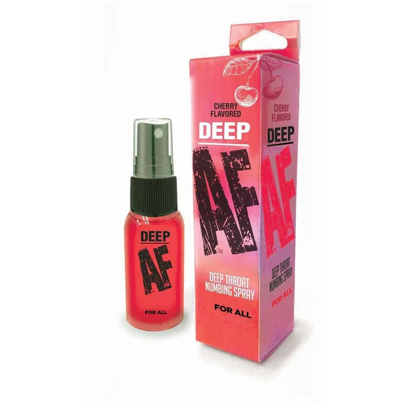 Deep AF Cherry deep throat numbing spray, red bottle beside its pink carton