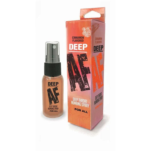 Deep AF Cinnamon Flavored Numbing Spray in amber bottle, for all, with spray nozzle.