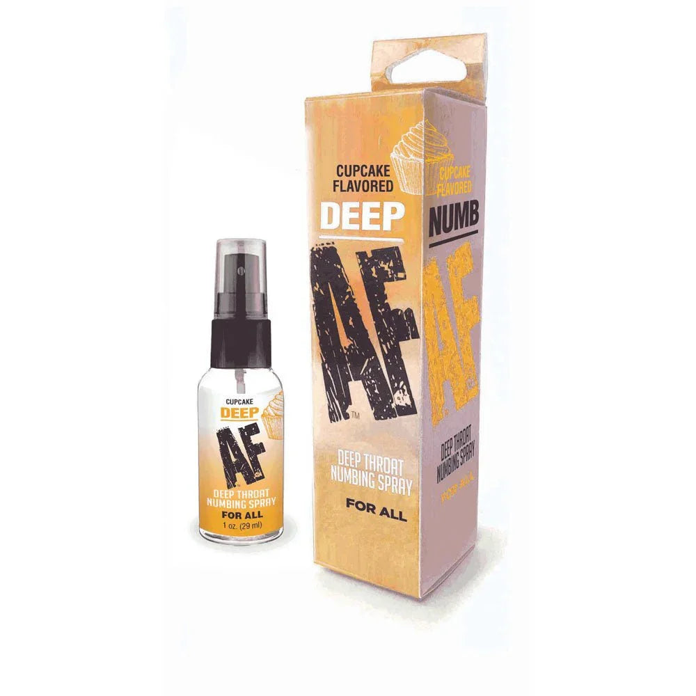 Deep AF Cupcake deep throat numbing spray, bottle beside its gold carton