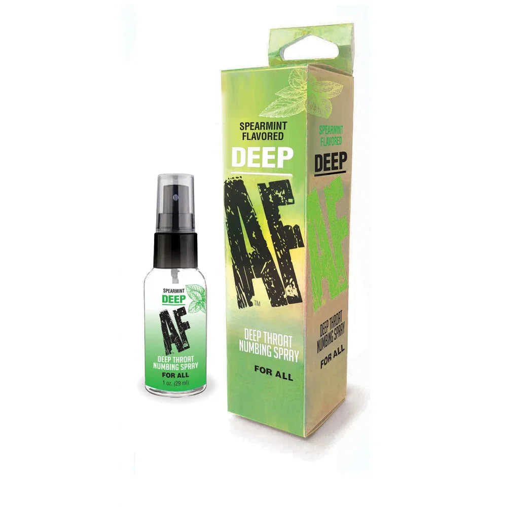 Deep AF Spearmint deep throat numbing spray, bottle beside its green carton