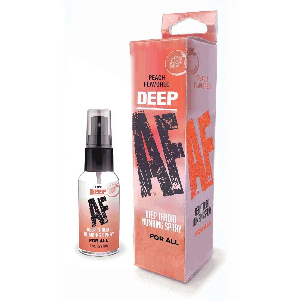 Deep AF Peach deep throat numbing spray, bottle beside its peach carton
