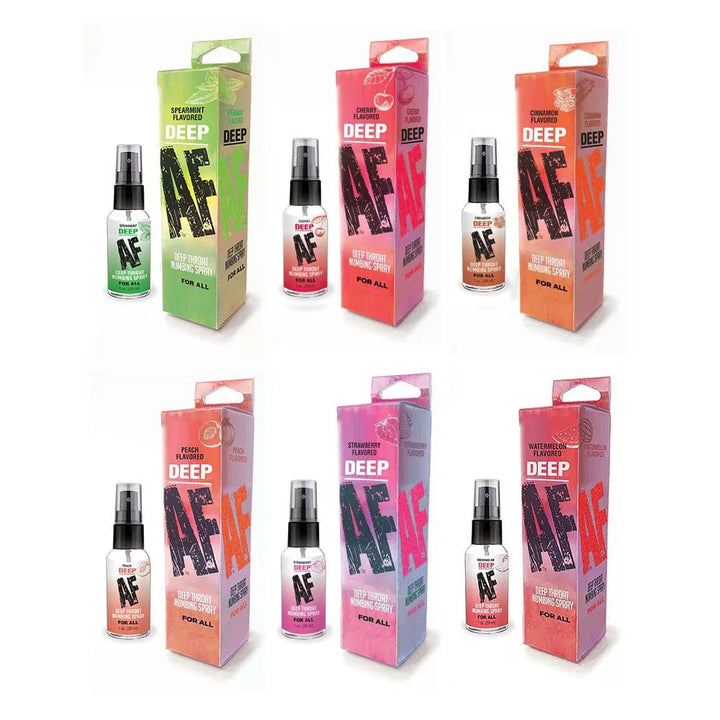 Deep AF numbing spray flavour lineup, six cartons with matching bottles