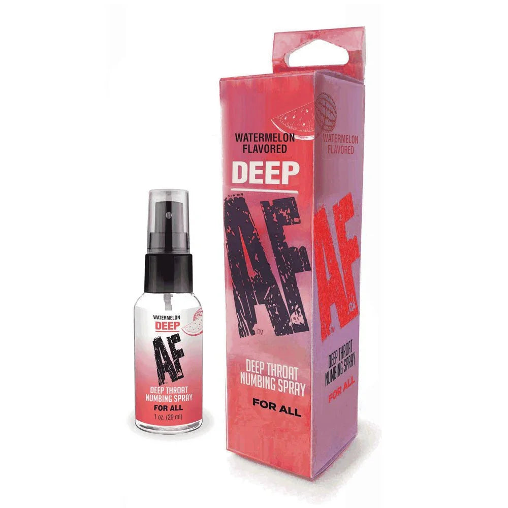 Deep AF Watermelon deep throat numbing spray, bottle beside its red carton