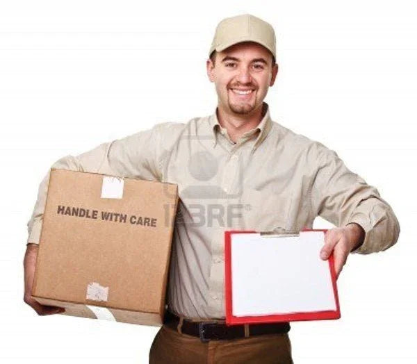 Delivery person holding cardboard box labeled 'HANDLE WITH CARE' and red clipboard, neutral uniform, smiling.