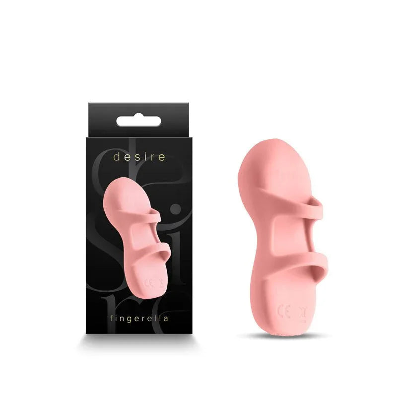 Desire Fingerella finger stimulator in Pink, upright beside its black Desire box