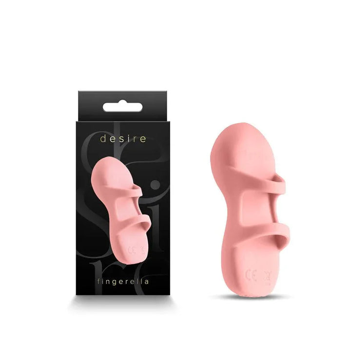 Desire Fingerella finger stimulator in Pink, upright beside its black Desire box
