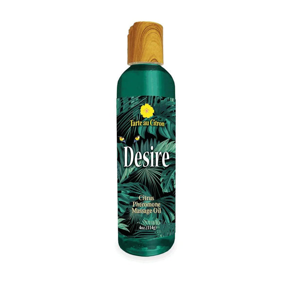 Desire Pheromone Massage Oil in Citrus, green 118 ml bottle with a wood-look cap