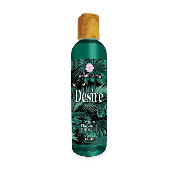 Desire Pheromone Massage Oil in Lavender, green 118 ml bottle with a wood-look cap