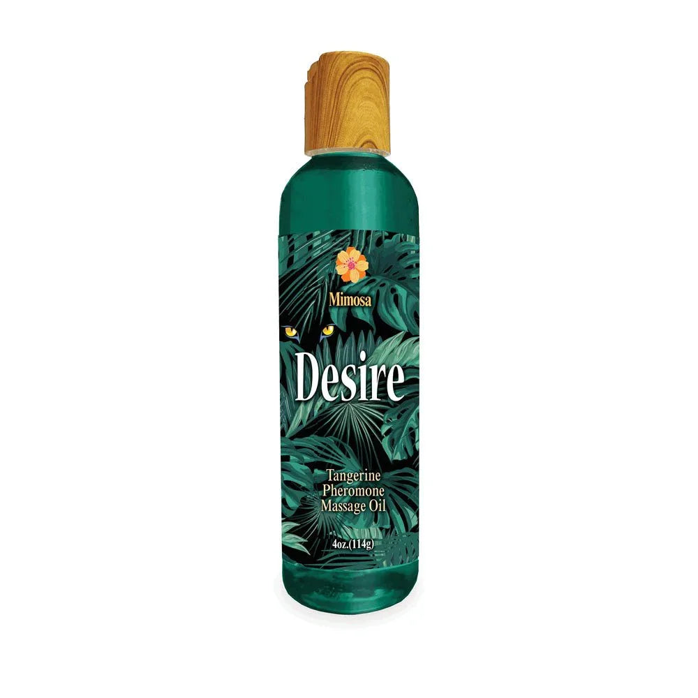 Desire Pheromone Massage Oil in Tangerine, green 118 ml bottle with a wood-look cap