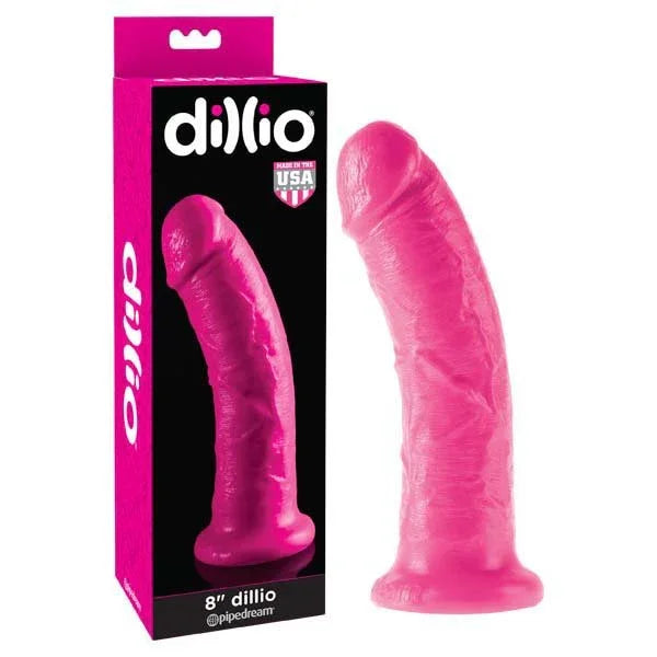 Pipedream Dillio 8 inch dildo in Pink with a suction base, shown next to its Dillio box