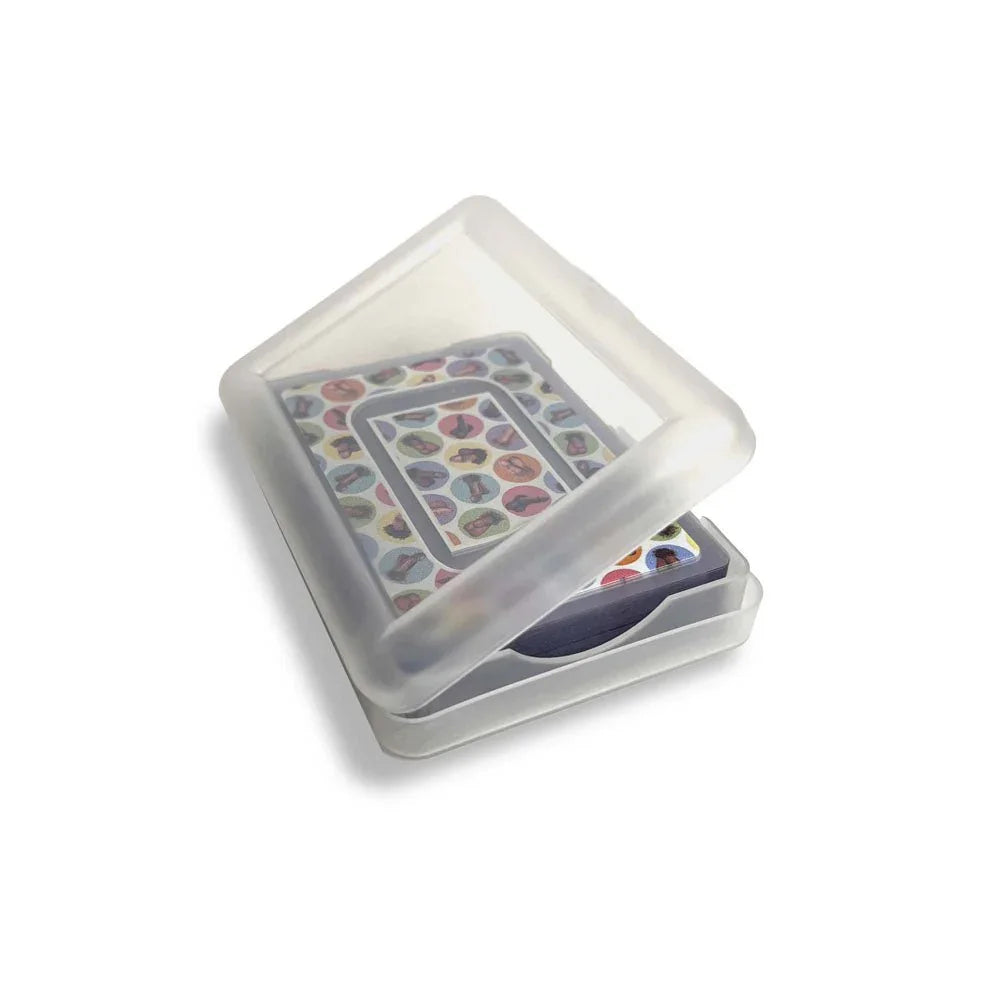 Dirty Penis Playing Cards in their clear plastic storage case, lid ajar
