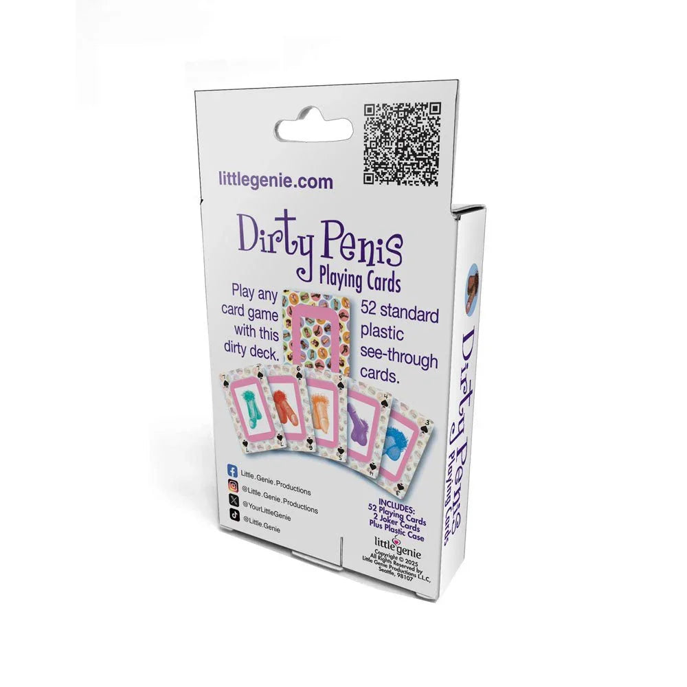 Dirty Penis Playing Cards box reverse, listing 52 plastic cards and a QR code