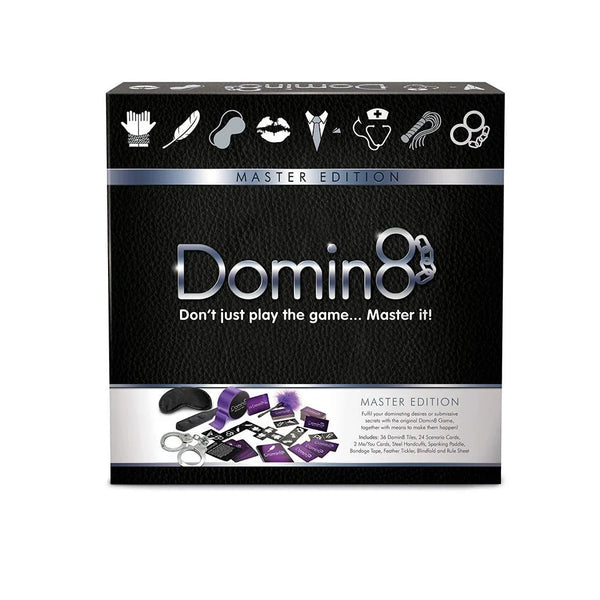 Domin8 Master Edition board game, black leather-look box with icon strip