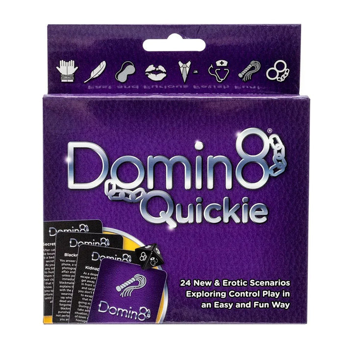 Domin8 Quickie card game, purple leather-look box with icon strip