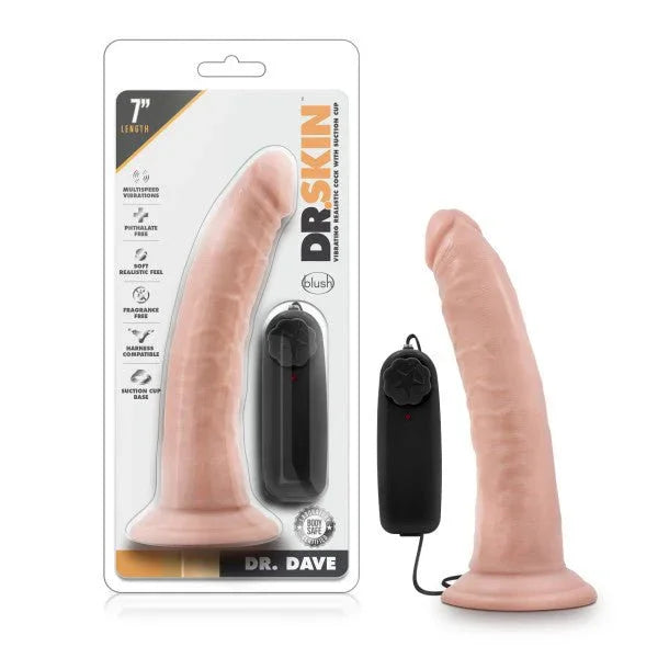 Dr. Skin Dr. Dave vibrating dong in flesh tone with wired bullet controller and blister pack