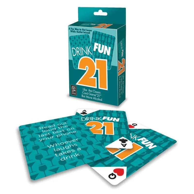Drink Fun 21 drinking card game, teal box with three cards fanned in front