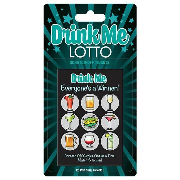 Drink Me Lotto scratch-off tickets, teal card with nine drink icons to scratch