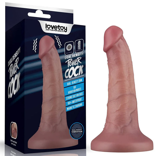Lovetoy Dual Density Power Cock 6 inch in Flesh beside its dark blue retail box