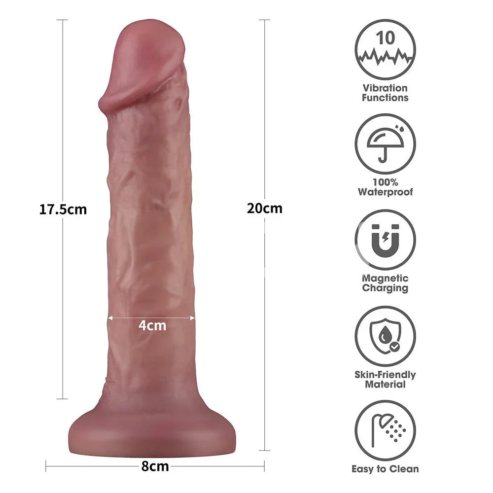 Size chart for the Dual Density Power Cock 8 inch: 20 cm long, 17.5 cm insertable, 4 cm wide