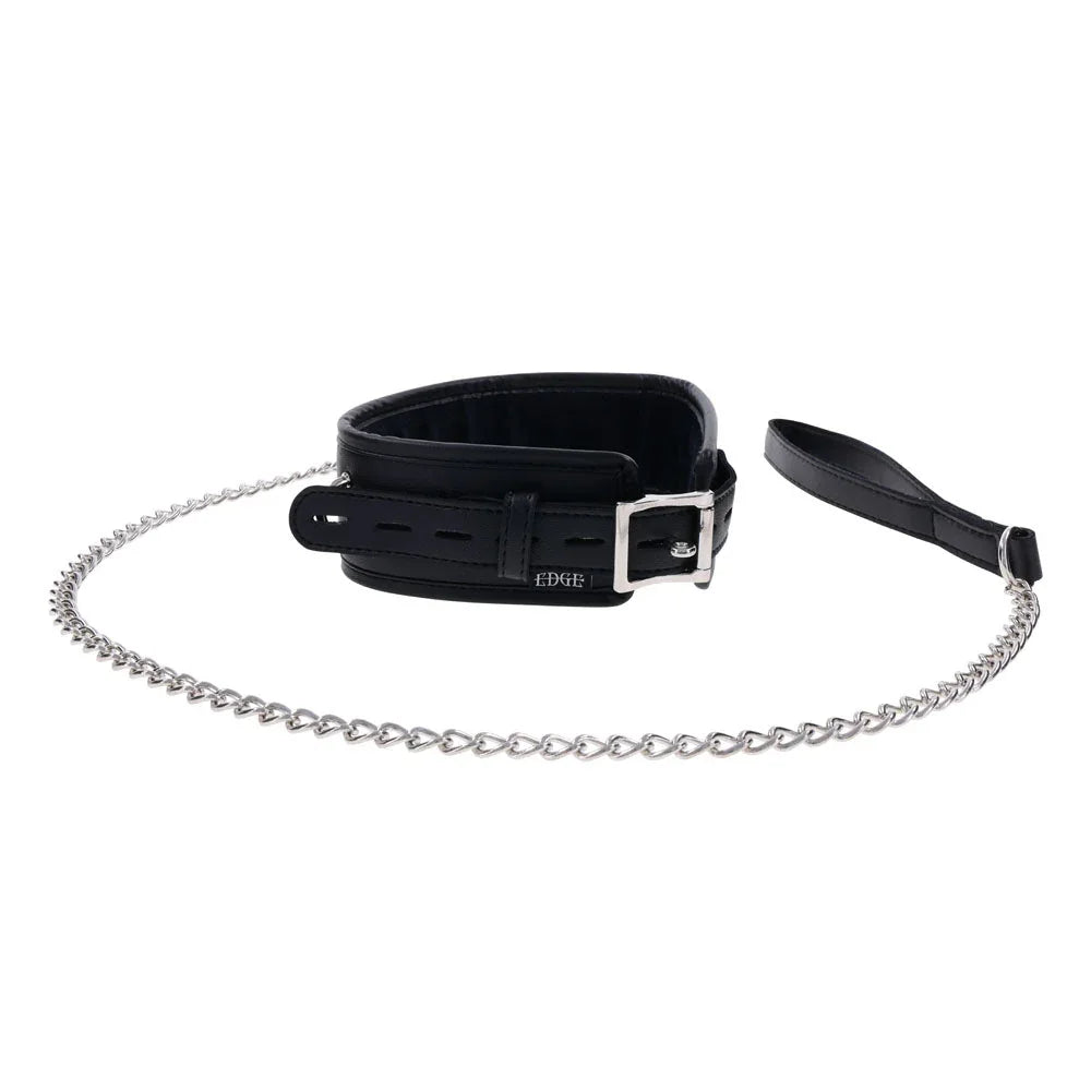 EDGE collar laid flat showing the buckle closure, chain leash looped around it