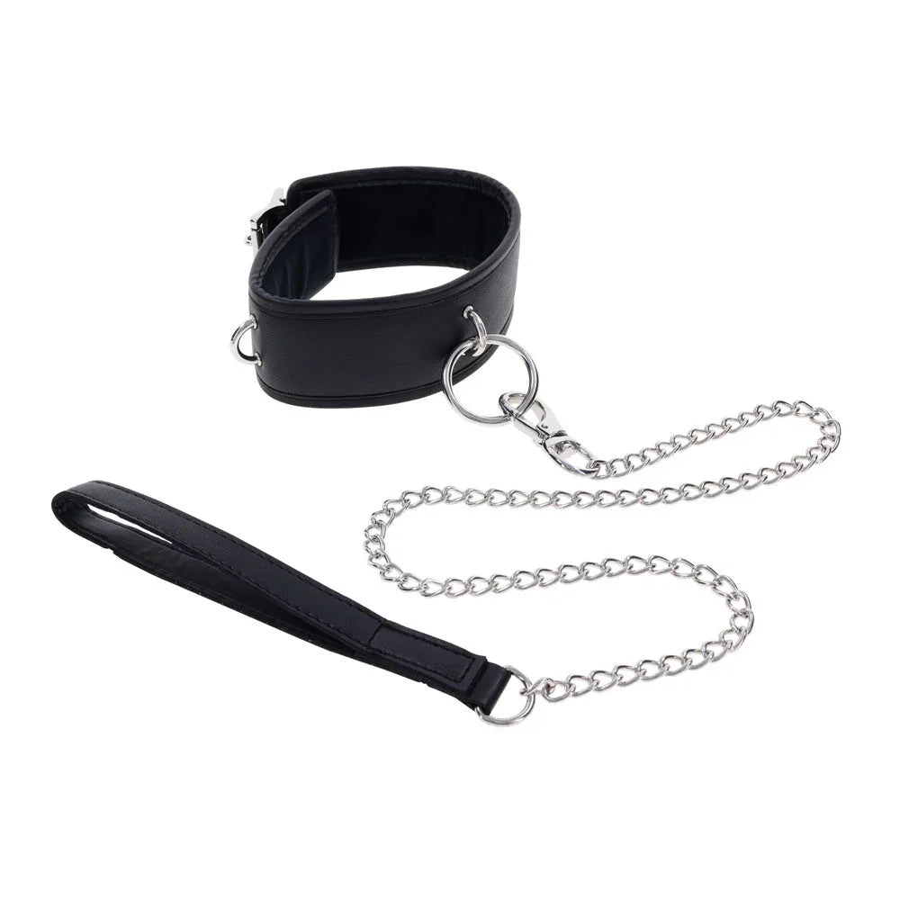 EDGE black padded collar with two D-rings, chain leash and padded handle beside it