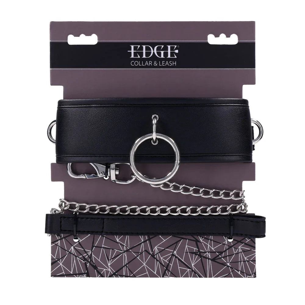 Close-up of the EDGE Collar & Leash on its retail card, O-ring at the front
