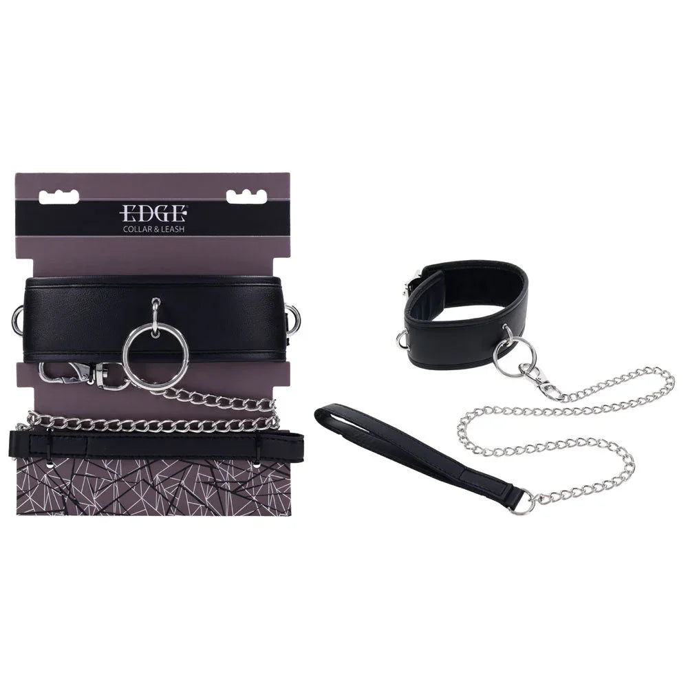 Sportsheets EDGE Collar & Leash in black on its retail card, collar and chain leash beside it