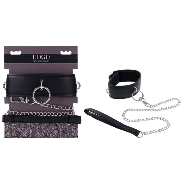 Sportsheets EDGE Collar & Leash in black on its retail card, collar and chain leash beside it