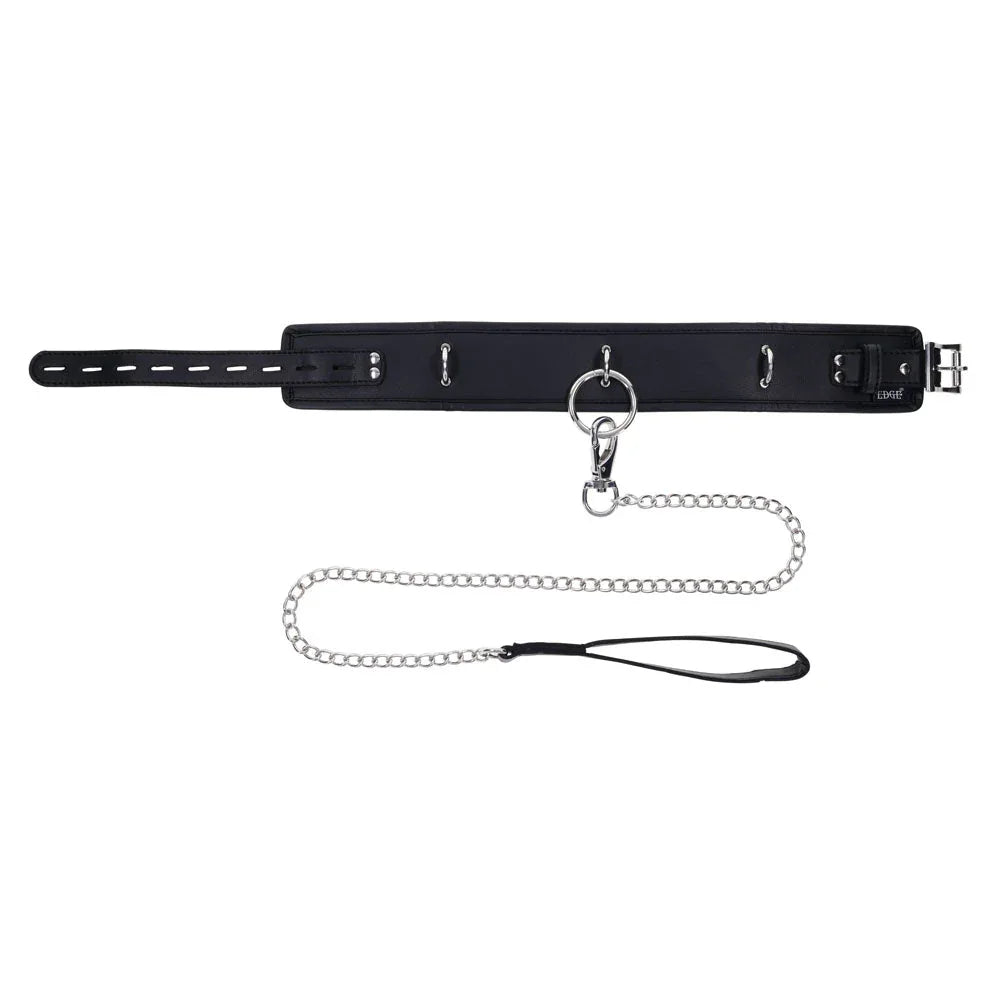 EDGE collar opened flat showing the adjustment holes, chain leash below