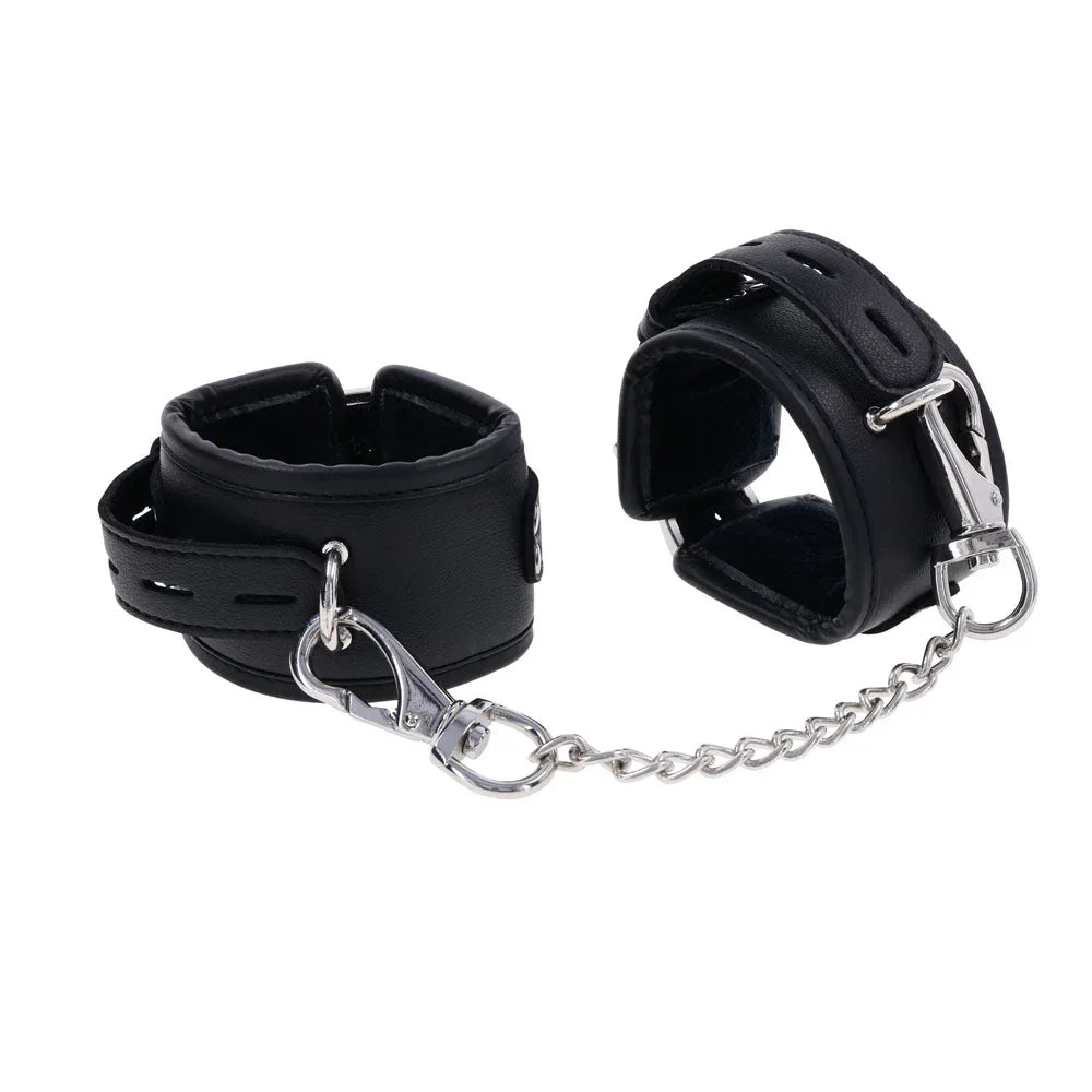 EDGE black padded handcuffs angled, showing the swivel clips and connecting chain