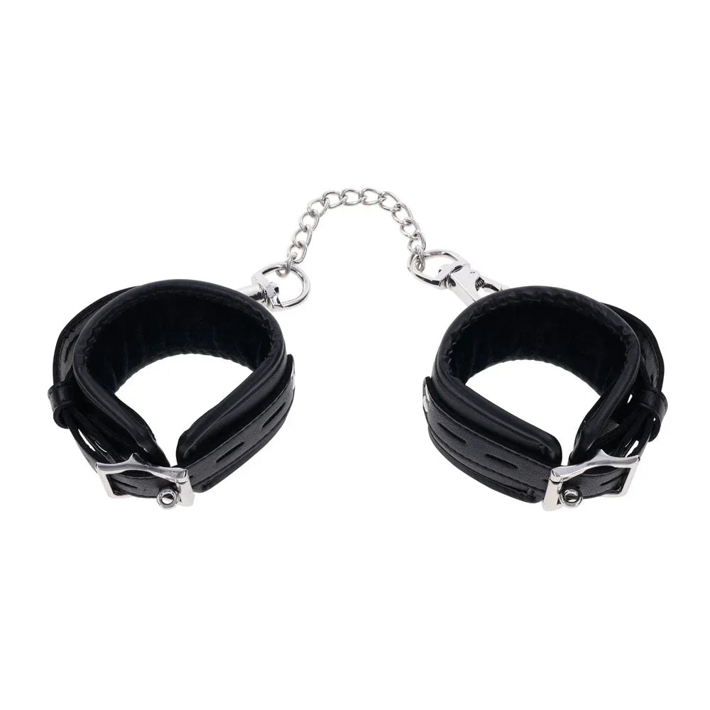 EDGE handcuffs buckled into two rings joined by the chain, top view