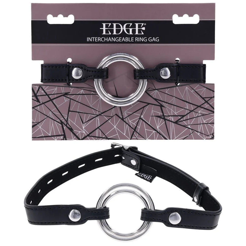 Sportsheets EDGE Interchangeable Ring Gag on its retail card, metal ring gag below