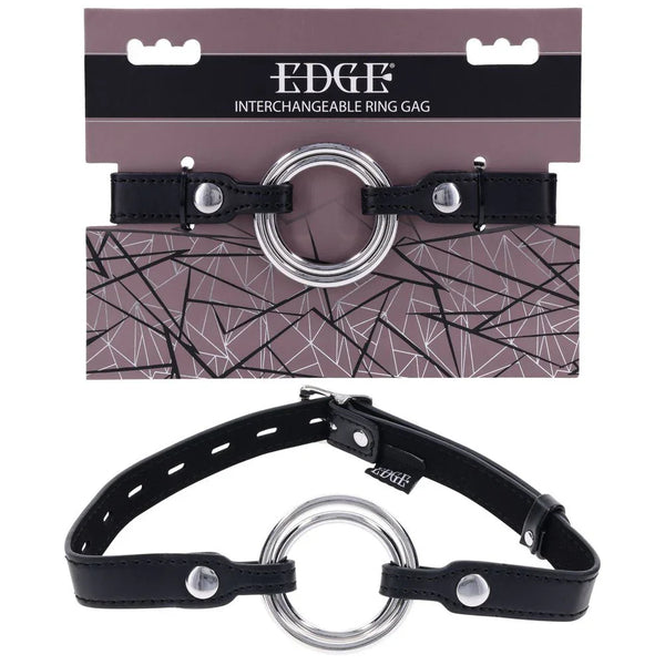 Sportsheets EDGE Interchangeable Ring Gag on its retail card, metal ring gag below