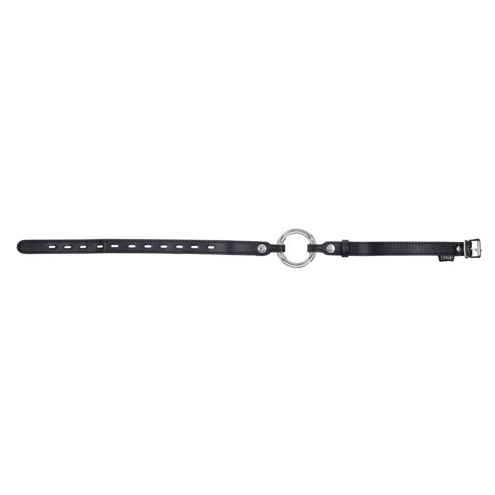 EDGE ring gag laid out straight showing the full punched strap and buckle, small ring centred