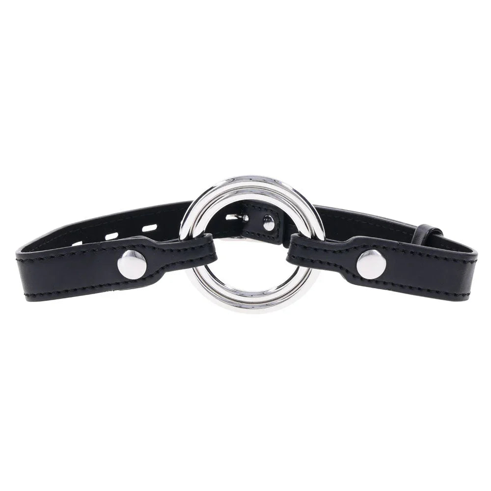 EDGE ring gag laid flat, metal ring at centre with the strap curving away on both sides
