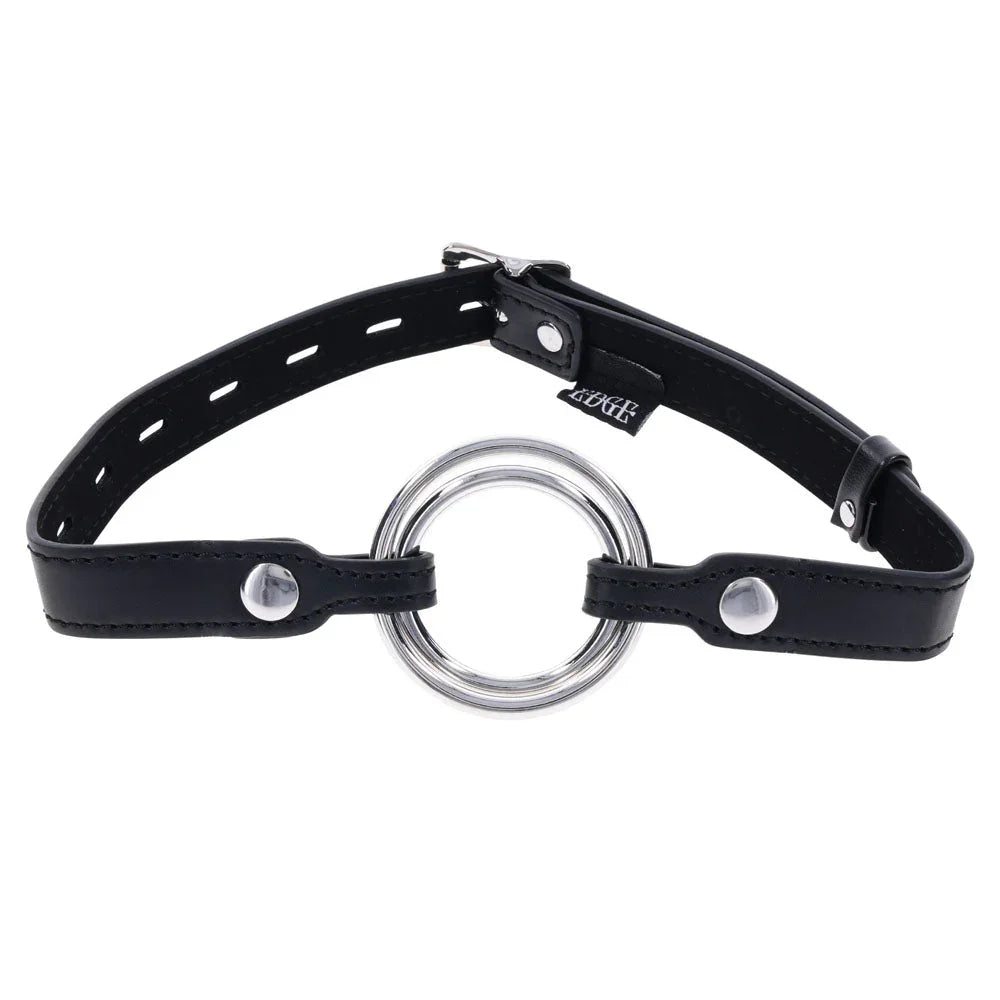 EDGE ring gag strap with the larger metal ring fitted, front view