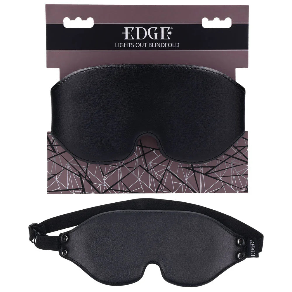 EDGE Lights Out Blindfold on its hang card, black padded leather mask below