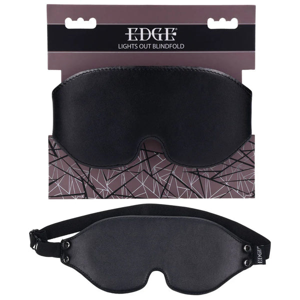EDGE Lights Out Blindfold on its hang card, black padded leather mask below