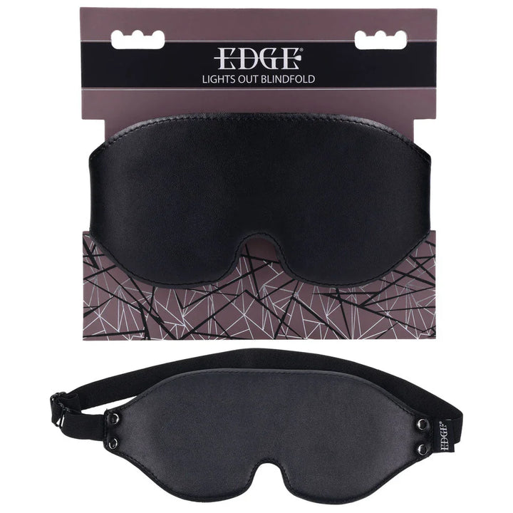 EDGE Lights Out Blindfold on its hang card, black padded leather mask below