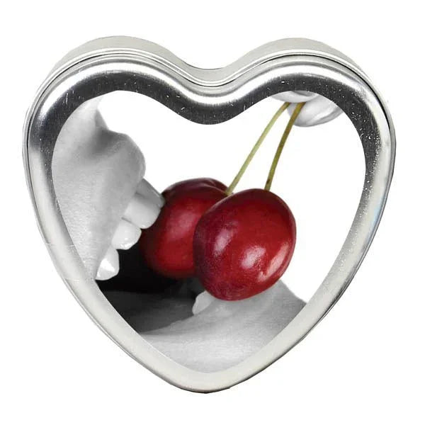 Earthly Body Edible Heart Candle in Cherry, tin lid art of cherries held in the teeth