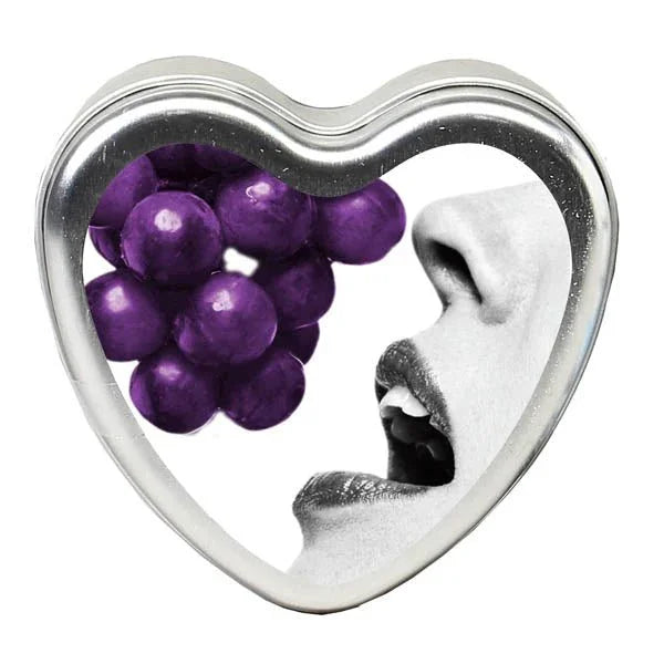 Earthly Body Edible Heart Candle in Grape, tin lid art of purple grapes at the lips
